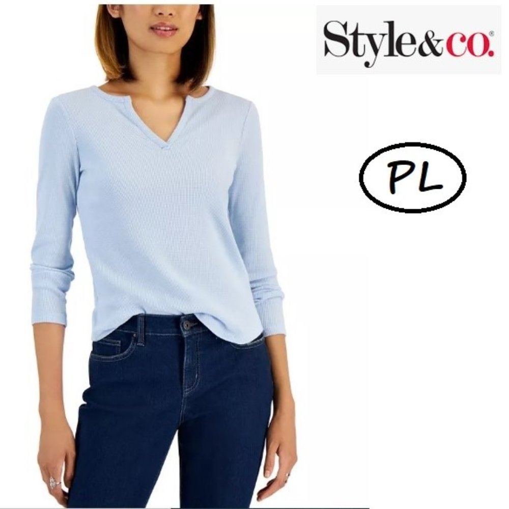 💝5/$25💖 Macy's STYLE & CO PETITE WAFFLE KNIT SPLIT NECK TOP Petite Large